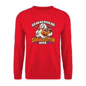 Halloween-Geist auf Süßigkeitenjagd - Unisex Pullover - Rot - Vorne - Alina (178cm) & Michal (187cm)