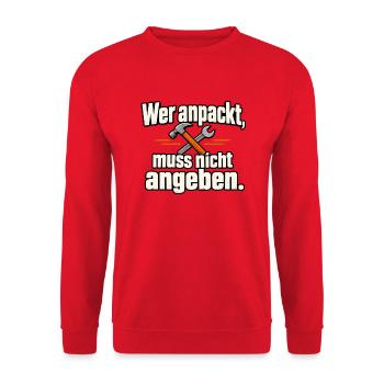 Wer anpackt, muss nicht angeben. – Lustiger Handwe - Unisex Pullover - Rot - Vorne - Alina (178cm) & Michal (187cm)