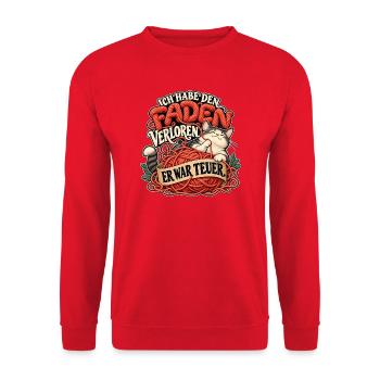 Faden verloren – Katze und Wollhumor - Unisex Pullover - Rot - Vorne - Alina (178cm) & Michal (187cm)