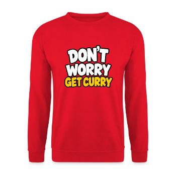 Don't Worry Get Curry – Lustiger Curry Spruch - Unisex Pullover - Rot - Vorne - Alina (178cm) & Michal (187cm)