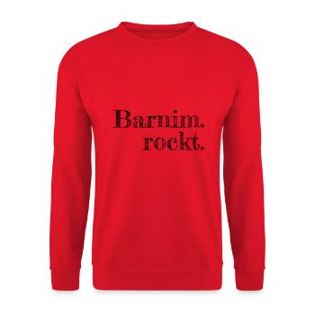 Barnim rockt - Textdesign mit Stadtnamen - Unisex Pullover - Rot - Vorne - Alina (178cm) & Michal (187cm)
