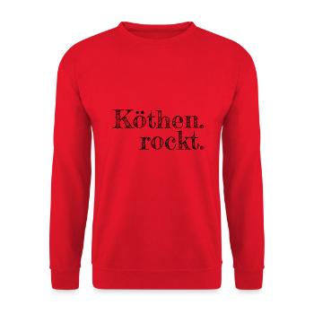 Köthen rockt - Textdesign mit Stadtnamen - Unisex Pullover - Rot - Vorne - Alina (178cm) & Michal (187cm)