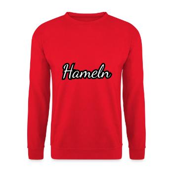 Hameln - Textdesign mit Stadtnamen - Unisex Pullover - Rot - Vorne - Alina (178cm) & Michal (187cm)