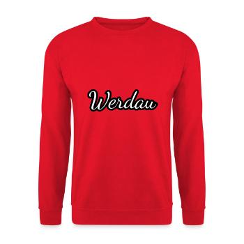 Werdau - Textdesign mit Stadtnamen - Unisex Pullover - Rot - Vorne - Alina (178cm) & Michal (187cm)