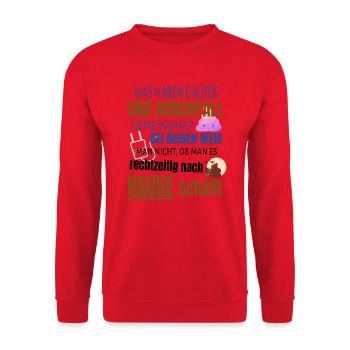 Lustiger Spruch E-Auto Elektroauto - Unisex Pullover - Rot - Vorne - Alina (178cm) & Michal (187cm)