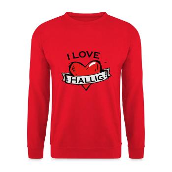Hallig - Ich liebe Stadtnamen in Tattoo Stil - Unisex Pullover - Rot - Vorne - Alina (178cm) & Michal (187cm)
