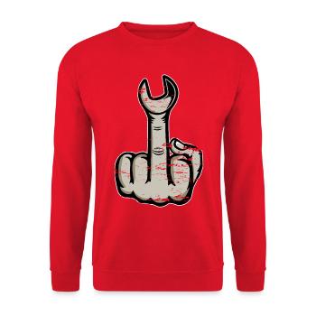 Mittelfinger Stinkefinger Schraubschlüssel Design - Unisex Pullover - Rot - Vorne - Alina (178cm) & Michal (187cm)
