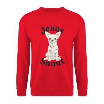 Weißer Kurzhaar-Chihuahua im Jeansflicken-Stil - Unisex Pullover - Rot - Vorne - Alina (178cm) & Michal (187cm)