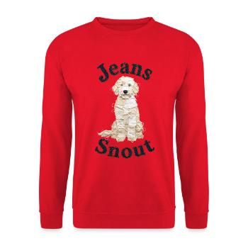 Cremefarbener Doodle im Jeansflicken-Stil - Unisex Pullover - Rot - Vorne - Alina (178cm) & Michal (187cm)