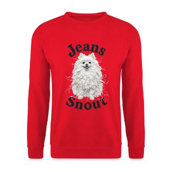 Weißer Spitz im Jeansflicken-Stil - Unisex Pullover - Rot - Vorne - Alina (178cm) & Michal (187cm)