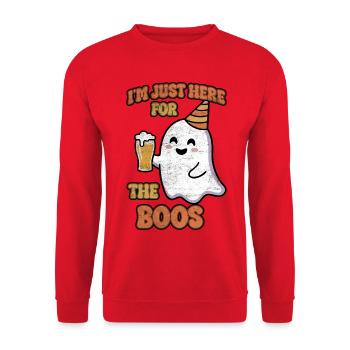 Niedliches Retro-Geisterbier, ich bin nur für die Buh-Feiern da. - Unisex Pullover - Rot - Vorne - Alina (178cm) & Michal (187cm)