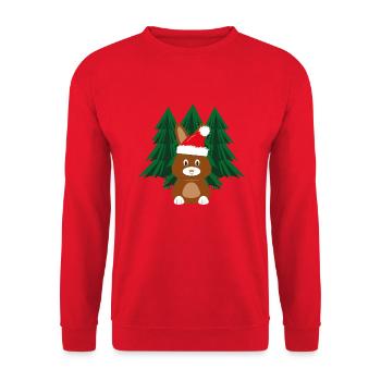Hase mit roter Weihnachtsmütze im Wald. - Unisex Pullover - Rot - Vorne - Alina (178cm) & Michal (187cm)
