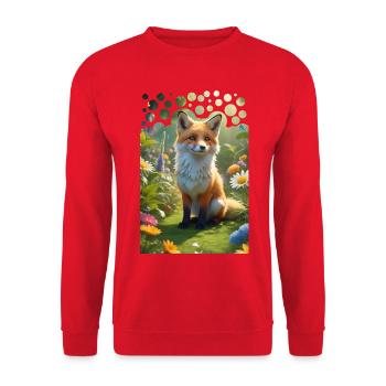 Frecher süßer Fuchs auf einer Wiese mit Blumen - Unisex Pullover - Rot - Vorne - Alina (178cm) & Michal (187cm)