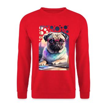 Bürohund Mops mit Laptop und pinker Brille Pop Art - Unisex Pullover - Rot - Vorne - Alina (178cm) & Michal (187cm)