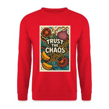VERTRAUEN SIE DEM CHAOS - Unisex Pullover - Rot - Vorne - Alina (178cm) & Michal (187cm)