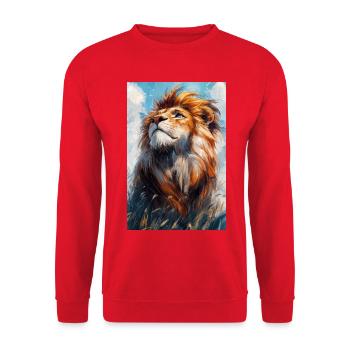 Illustration eines Löwen - Unisex Pullover - Rot - Vorne - Alina (178cm) & Michal (187cm)