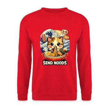 Ramen Neko Send Noods - Unisex Pullover - Rot - Vorne - Alina (178cm) & Michal (187cm)