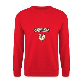 Chicken Game Huhn – Nicht hinschauen - Unisex Pullover - Rot - Vorne - Alina (178cm) & Michal (187cm)