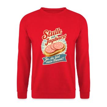 Stulle mit Jagdwurst - Unisex Pullover - Rot - Vorne - Alina (178cm) & Michal (187cm)