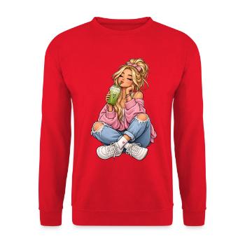 Mädchen mit Matcha Latte - Unisex Pullover - Rot - Vorne - Alina (178cm) & Michal (187cm)