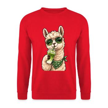 Süßes Lama mit Matcha Latte - Unisex Pullover - Rot - Vorne - Alina (178cm) & Michal (187cm)