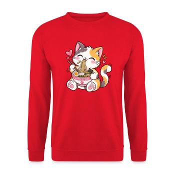 Kawaii Katze schlürft Ramen-Aufkleber – Süßer Anime - Unisex Pullover - Rot - Vorne - Alina (178cm) & Michal (187cm)