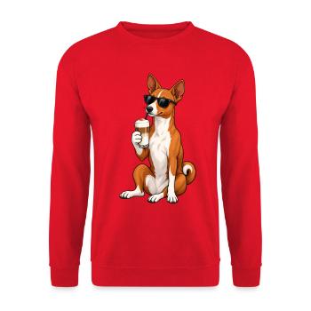 Basenji mit Latte Macchiato - Unisex Pullover - Rot - Vorne - Alina (178cm) & Michal (187cm)