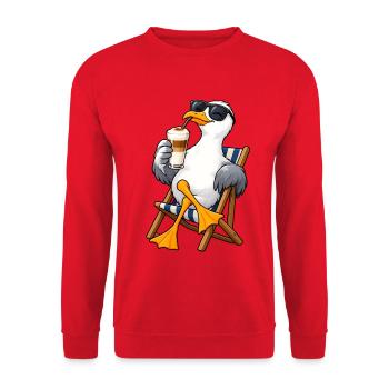 Möwe mit Latte Macchiato - Unisex Pullover - Rot - Vorne - Alina (178cm) & Michal (187cm)