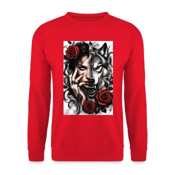 Die Dualität von Schönheit und dem Wolf - Unisex Pullover - Rot - Vorne - Alina (178cm) & Michal (187cm)