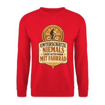 Alter Mann mit Fahrrad Retro-Badge - Unisex Pullover - Rot - Vorne - Alina (178cm) & Michal (187cm)