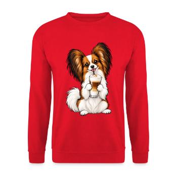 Schmetterlingshund Papillon mit Latte Macchiato - Unisex Pullover - Rot - Vorne - Alina (178cm) & Michal (187cm)