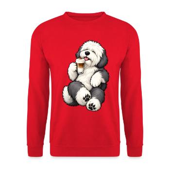 Bobtail mit Latte Macchiato - Unisex Pullover - Rot - Vorne - Alina (178cm) & Michal (187cm)