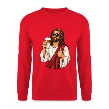 Jesus mit Latte Macchiato - Unisex Pullover - Rot - Vorne - Alina (178cm) & Michal (187cm)