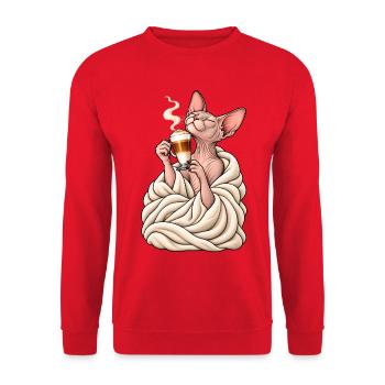 Sphinx Katze mit Latte Macchiato – Katzenkaffee - Unisex Pullover - Rot - Vorne - Alina (178cm) & Michal (187cm)