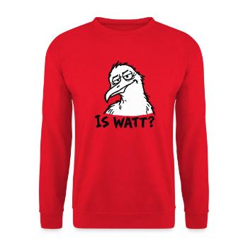 IS WATT? – Misstrauische Möwe - Unisex Pullover - Rot - Vorne - Alina (178cm) & Michal (187cm)