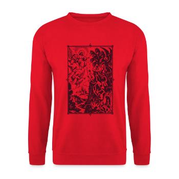 Ritterszene und Drachen im Rahmen - Unisex Pullover - Rot - Vorne - Alina (178cm) & Michal (187cm)