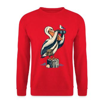 Pelikan mit Fernglas – Maritimes Küstenmotiv - Unisex Pullover - Rot - Vorne - Alina (178cm) & Michal (187cm)
