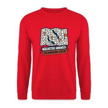 JGA-Schnitzeljagd – Nächster Hinweis - Unisex Pullover - Rot - Vorne - Alina (178cm) & Michal (187cm)