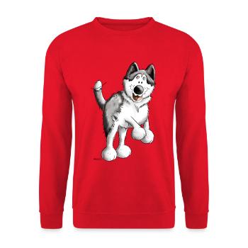 Fröhlicher Husky - Unisex Pullover - Rot - Vorne - Alina (178cm) & Michal (187cm)