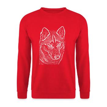 Wolfsblick Linienzeichnung Druckdesign Husky - Unisex Pullover - Rot - Vorne - Alina (178cm) & Michal (187cm)