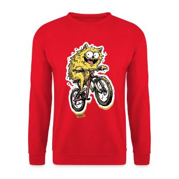 Flauschige Bike-Monster-Katze auf Fahrrad - Unisex Pullover - Rot - Vorne - Alina (178cm) & Michal (187cm)