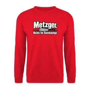 Metzger. Nichts für Dünnhäutige. – Lustiger Metzge - Unisex Pullover - Rot - Vorne - Alina (178cm) & Michal (187cm)