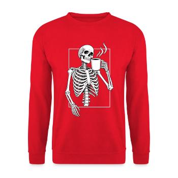 Skelett mit Morgenkaffee - Unisex Pullover - Rot - Vorne - Alina (178cm) & Michal (187cm)