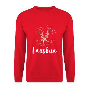 Lausbua Hirsch Lederhosen - Unisex Pullover - Rot - Vorne - Alina (178cm) & Michal (187cm)
