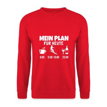 Mein Plan Apres Ski | Skifahrer Wein Spruch - Unisex Pullover - Rot - Vorne - Alina (178cm) & Michal (187cm)