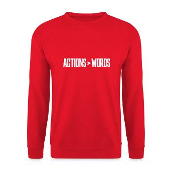 Taten sagen mehr als Worte - Motivationsgeschenk - Unisex Pullover - Rot - Vorne - Alina (178cm) & Michal (187cm)