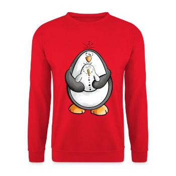 Pinguin und Schneemann sind beste Freunde - Unisex Pullover - Rot - Vorne - Alina (178cm) & Michal (187cm)