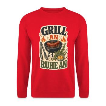 GRILL AN RUHE AN - Unisex Pullover - Rot - Vorne - Alina (178cm) & Michal (187cm)