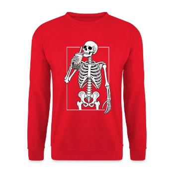 Bubble Tea Pause mit Skelett - Unisex Pullover - Rot - Vorne - Alina (178cm) & Michal (187cm)