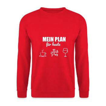 Mein Plan Reiten | Reiter Pferde Wein Spruch - Unisex Pullover - Rot - Vorne - Alina (178cm) & Michal (187cm)